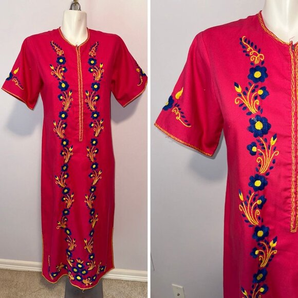 Vtg 70s Pink Blue Floral Embroiered Front Zip Ethnic Caftan Dress Womens M/L - Picture 1 of 6